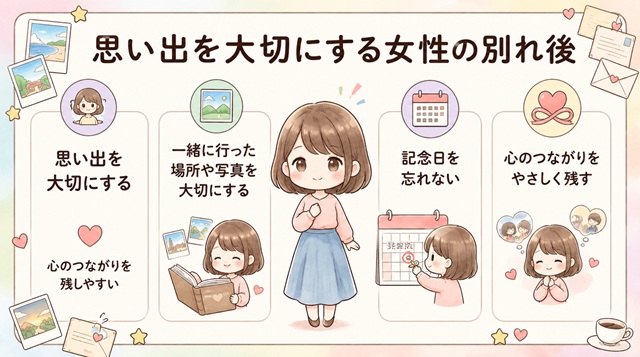 思い出を大切にする女性が別れた後も心のつながりを残しやすいことを解説した復縁向けイラスト。