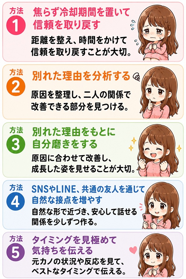 彼氏がいる元カノと復縁するための5つの方法をまとめた復縁向けイラスト。