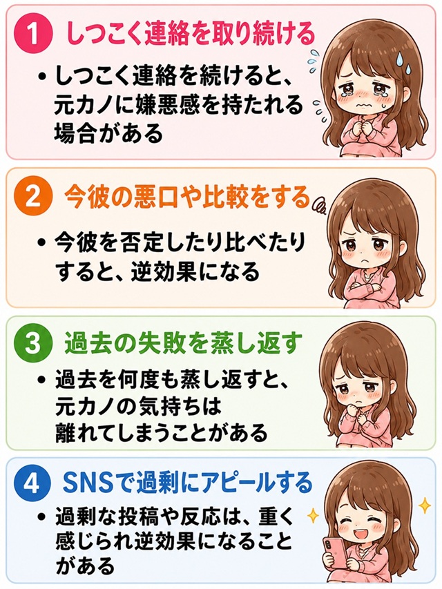 彼氏がいる元カノとの復縁を遠ざけるNG行動4選をまとめた復縁向けイラスト。