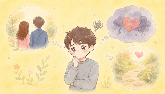 彼氏がいる元カノとの復縁の可能性を3つのポイントから解説した復縁向けイラスト。