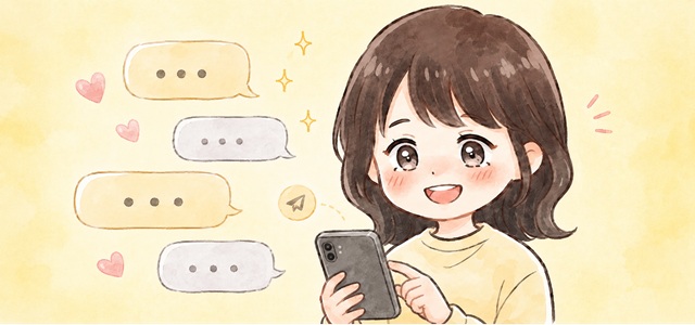元カノに数年ぶりに連絡したときの元カノの表情ちを表した復縁向けイラスト。
