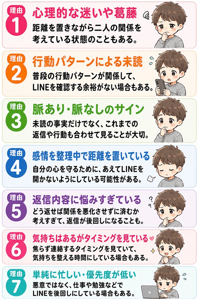 元彼が未読無視でもブロックしない心理と状況を7つに整理した復縁向けイラスト。
