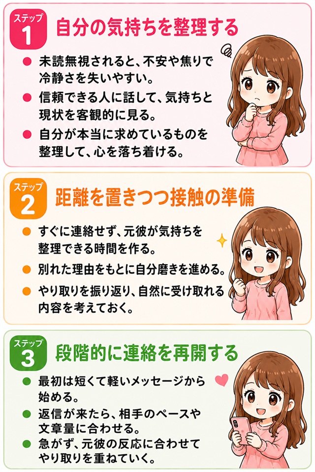未読無視から復縁を目指す3つのステップをまとめた復縁向けイラスト。