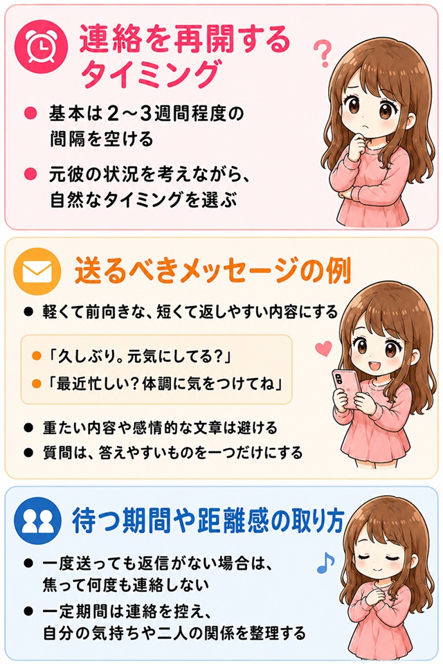 元彼に未読無視された後に送る短くて返しやすいメッセージ例を紹介した復縁向けイラスト。