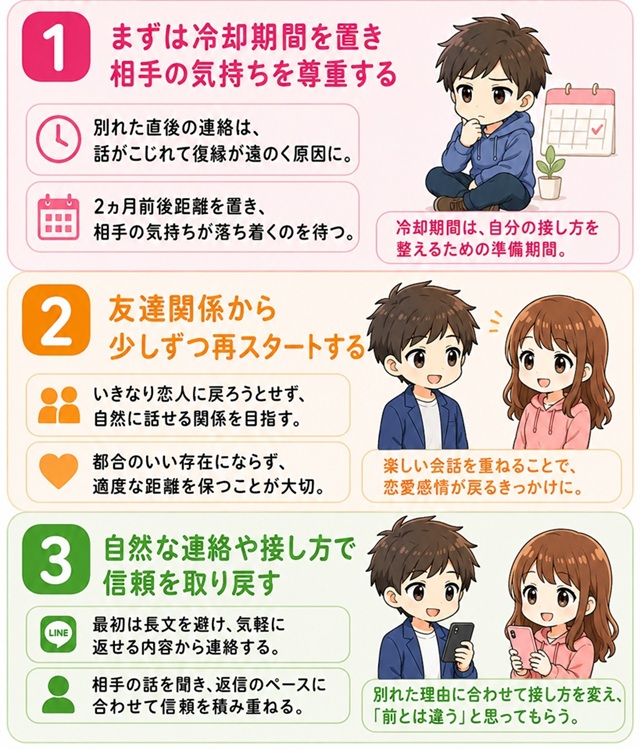 突然振られた後に復縁を目指す3つの対処法をまとめた復縁向けイラスト。