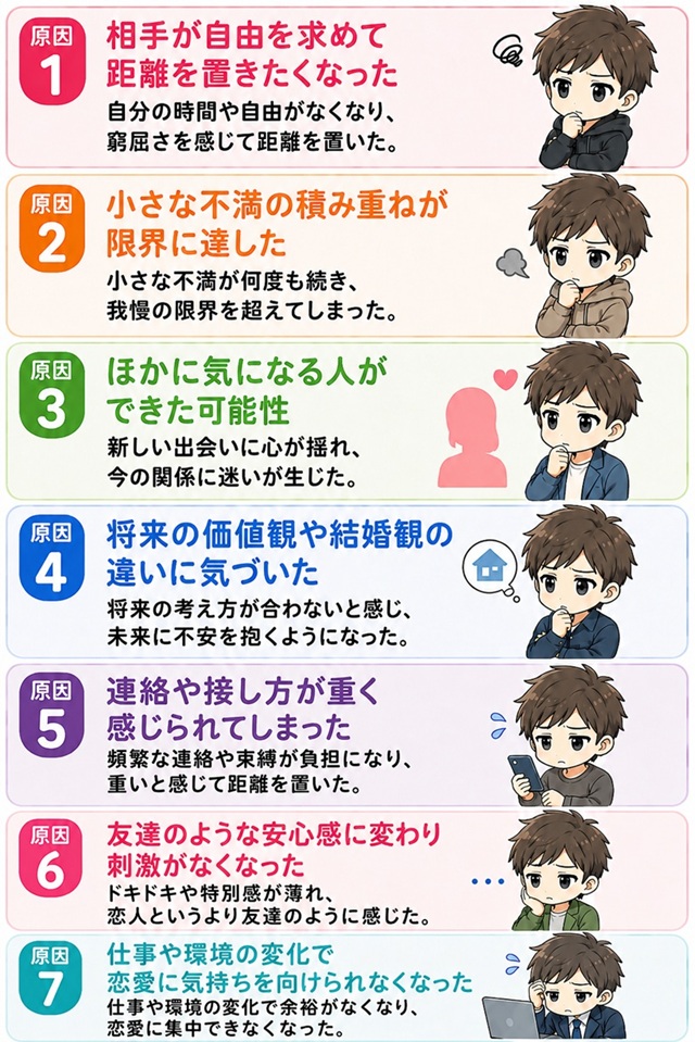 小さな不満の積み重ねが突然の別れにつながる様子を描いた復縁向けイラスト。