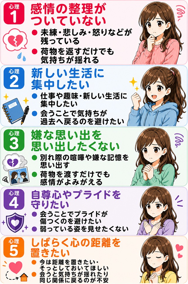 元恋人が荷物の返却で会いたくない心理5選をまとめた復縁向けイラスト。