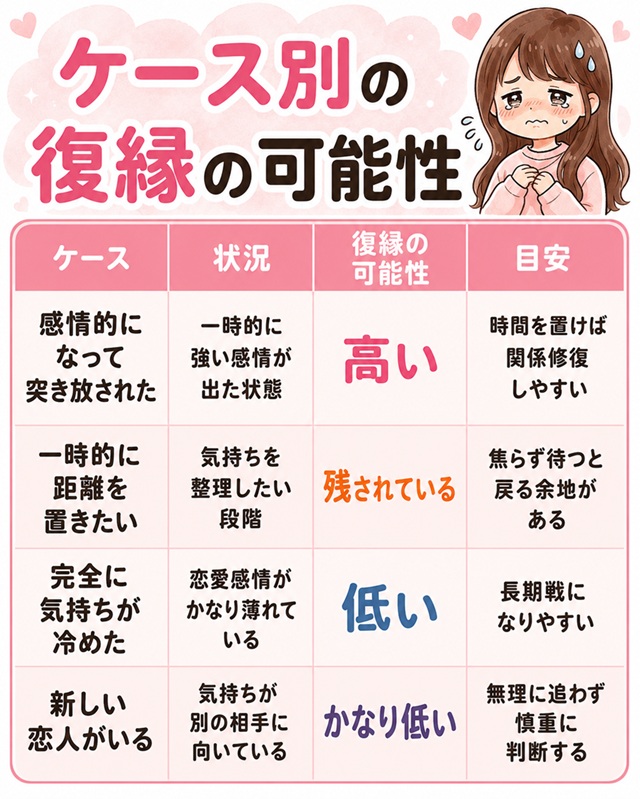 「関わりたくない」と言われた後の復縁可能性をケース別に整理したチェック画像。
