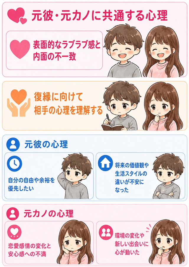 仕事や環境の変化によって恋愛に向き合えなくなる心理を描いた復縁向けイラスト。