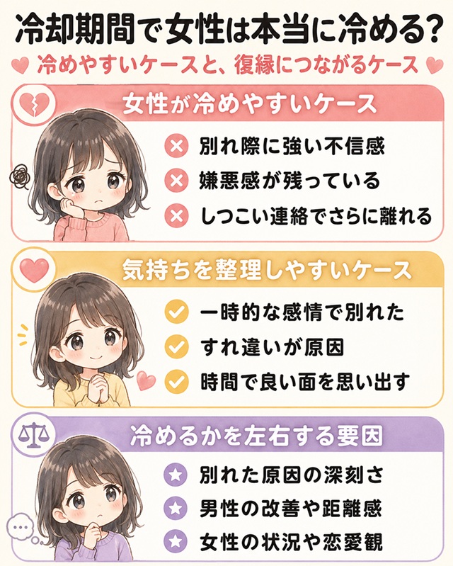冷却期間で女性が冷めるケースと復縁につながるケースを比較した復縁向けイラスト。