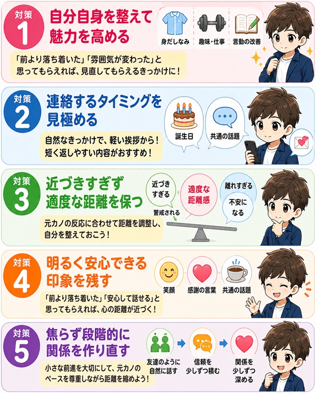 冷却期間中に女性が冷めるのを防ぐ5つの対策をまとめた復縁向けイラスト。