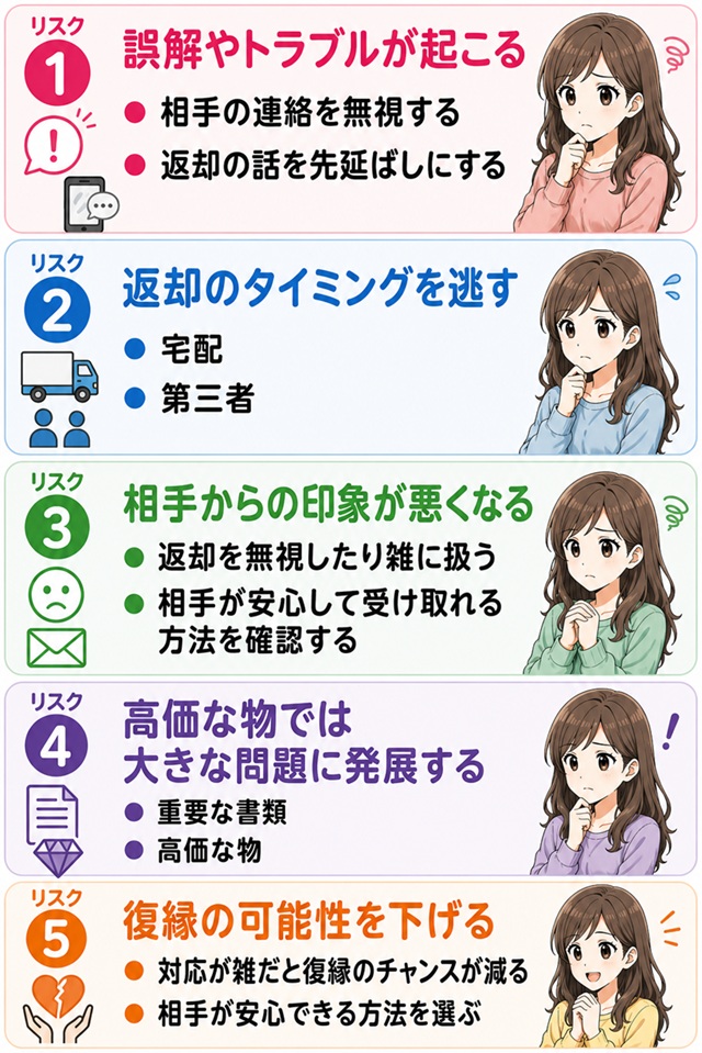 元恋人の荷物を返さない場合の5つのリスクをまとめたイラスト。