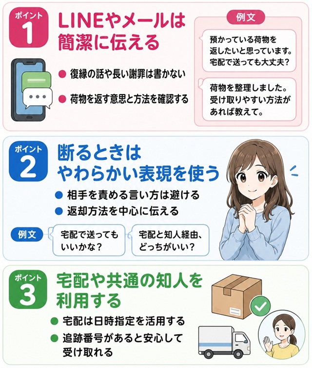 会わずに荷物を返すときの連絡方法3つをまとめたイラスト。