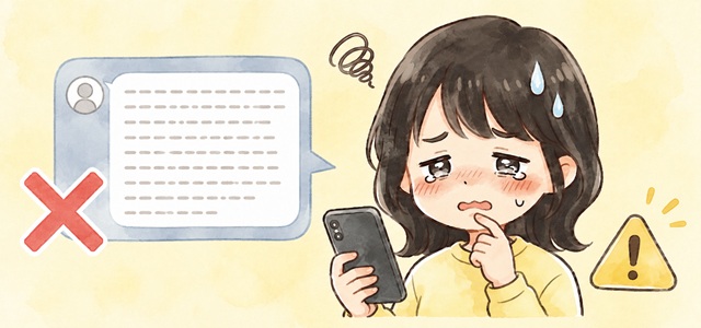 元カノに数年ぶりで連絡するときのNGパターンを表した復縁向けイラスト。