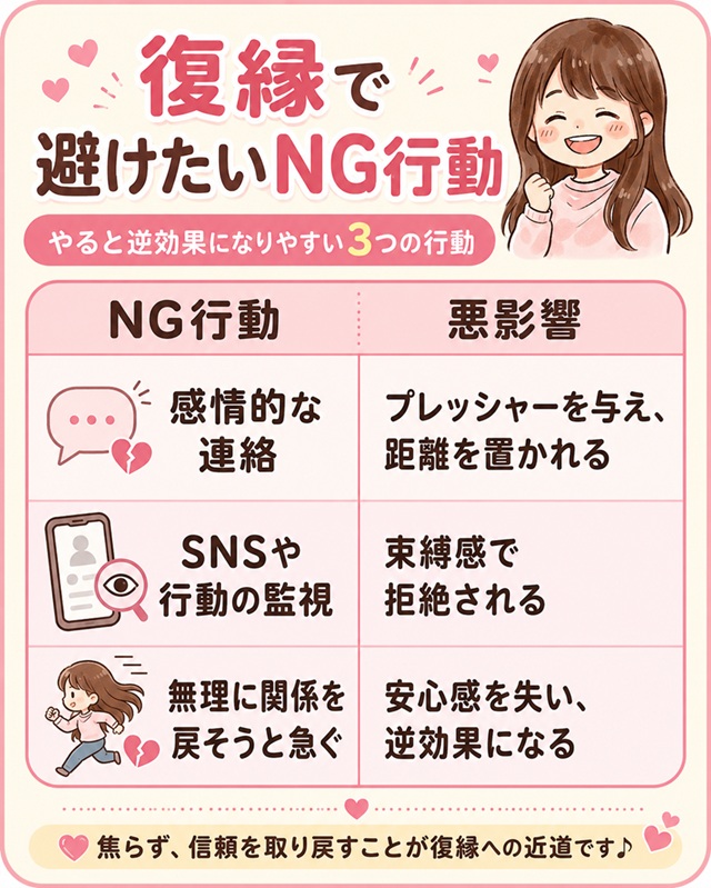 復縁の可能性を下げるNG行動を確認するチェック画像。