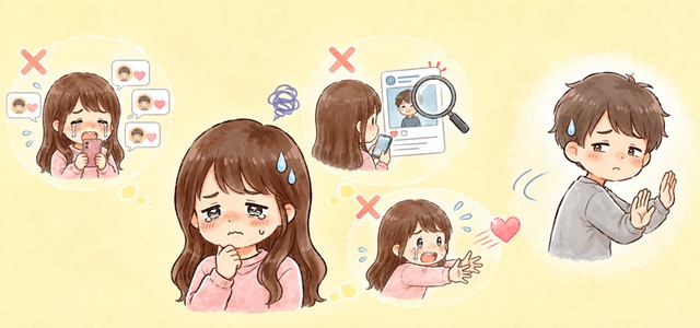 「関わりたくない」と言われた後に避けたいNG行動を示した復縁向けイラスト。