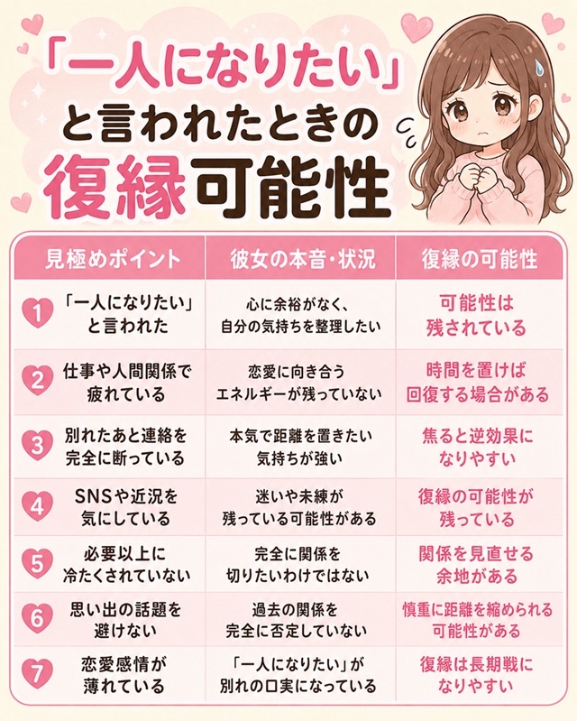 一人になりたいと言う彼女の心理タイプを比較した復縁向けまとめ表。