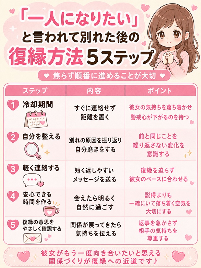 一人になりたいと言われた後の復縁ステップを整理した復縁向けまとめ表。