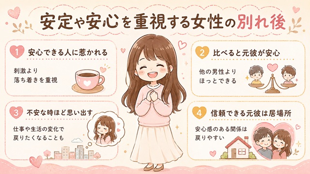 安定や安心を重視する女性が元彼を思い出しやすい理由を解説した復縁向けイラスト。