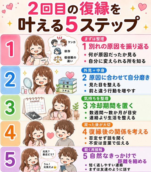 2回目の復縁を叶えるための5ステップをまとめた復縁向けイラスト。