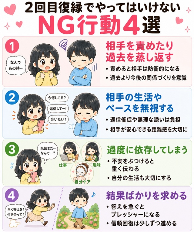 2回目の復縁でやってはいけないNG行動4選をまとめた復縁向けイラスト。