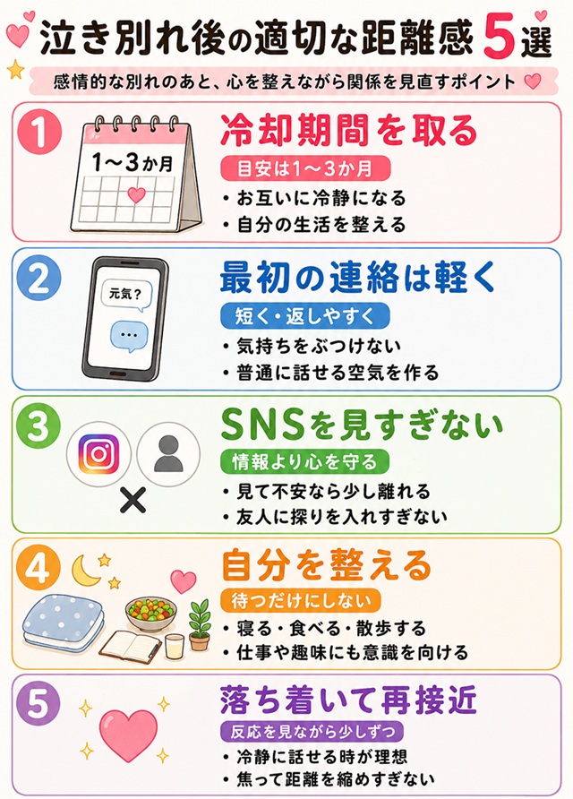 泣き別れ後の適切な距離感5選をまとめた復縁向けイラスト。