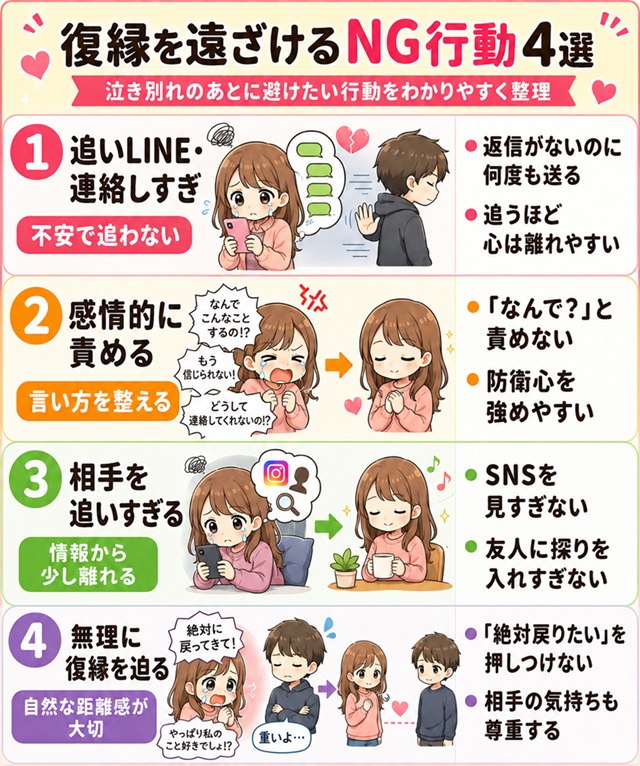 復縁を遠ざけるNG行動4選をまとめた復縁向けイラスト。