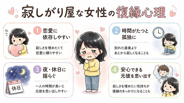寂しがり屋な女性が別れた後に元彼を思い出しやすい心理を解説した復縁向けイラスト。