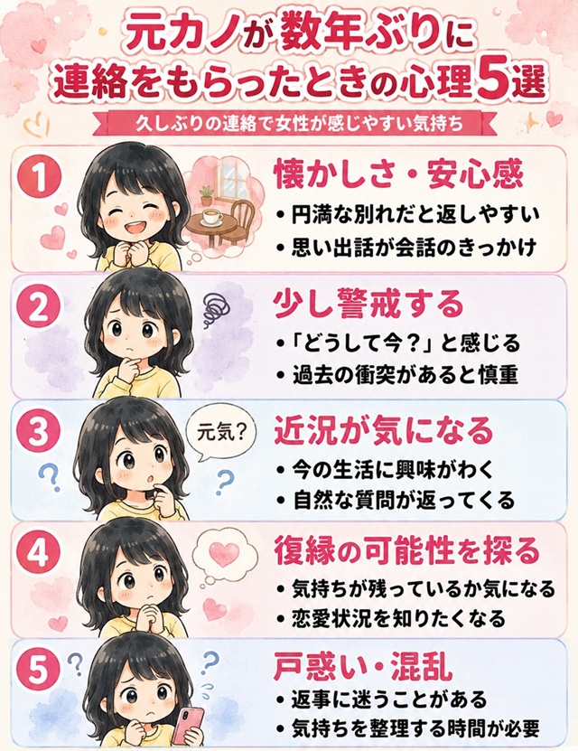 元カノが数年ぶりに連絡をもらったときの女性心理5選をまとめた復縁向けイラスト。
