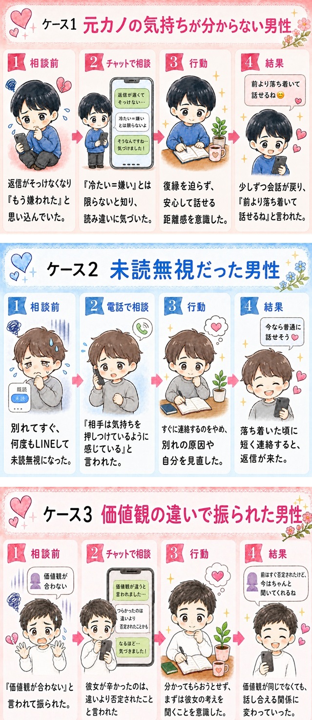 状況に合った行動で復縁につながったケースを紹介する画像