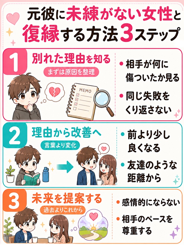 元彼に未練がない女性と復縁する方法3ステップをまとめた復縁向けイラスト。
