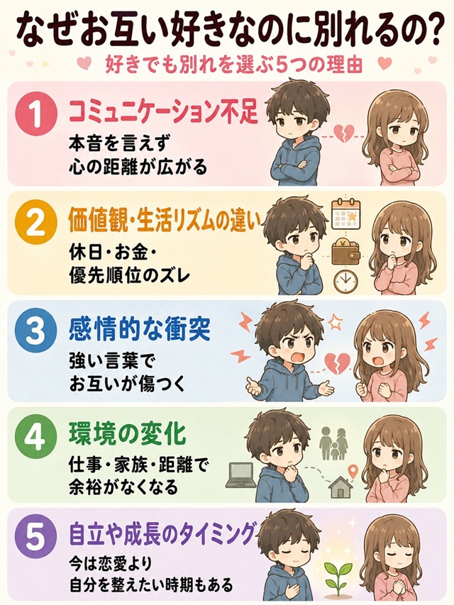 お互い好きなのに別れた後に復縁するカップルの特徴5つを解説した復縁向けイラスト。