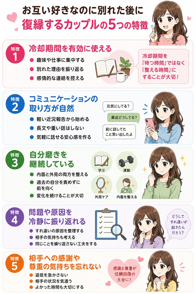 好きなまま別れた後に復縁しやすいカップルの特徴5つをまとめた復縁向けイラスト。