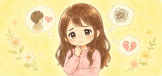 お互い好きなのに別れてしまう心理と理由5選を解説した復縁向けイラスト。