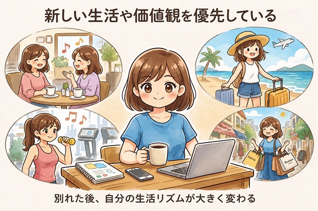元カノが新しい生活や価値観を優先している状態を解説した復縁向けイラスト。