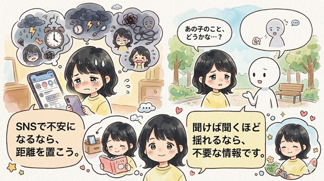 「復縁に関してSNSや周囲の声にまどわされる場合、されない場合」を説明した画像