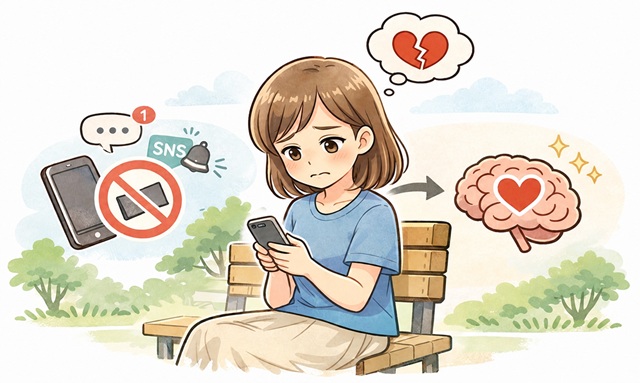 元カノがSNSを見ないようにして未練を整理しようとする心理を解説した復縁向けイラスト。