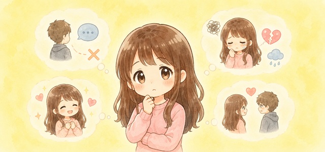 お互い好きなのに別れた後に起こりやすい展開を解説した復縁向けイラスト。