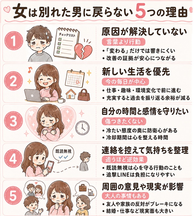 女性が別れた男性に戻らない理由5選をまとめた復縁向けイラスト。