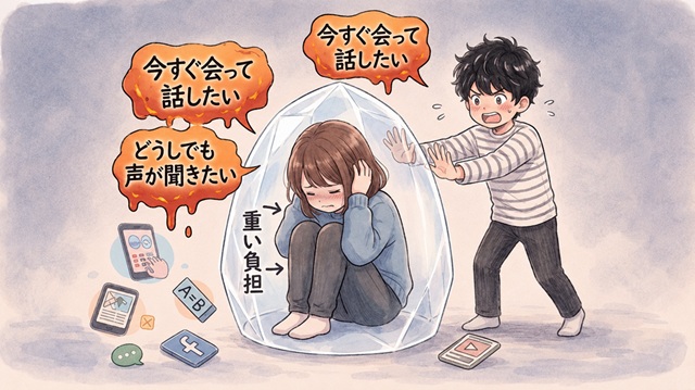 今すぐ会いたい気持ちが相手の負担になりやすい理由を解説した復縁向けイラスト。