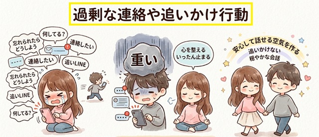 復縁を目指すとき、しがちな「過剰な連絡や追いかけ行動」を説明した画像
