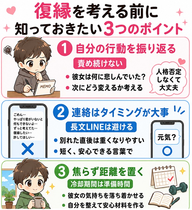 復縁を考える前に知っておきたい3つのポイントをまとめた復縁向けイラスト。
