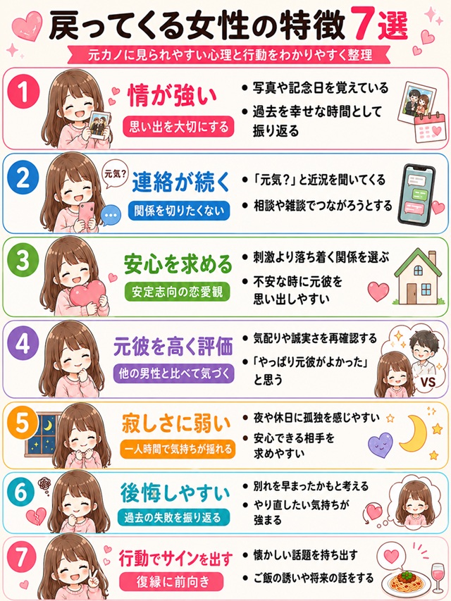 戻ってくる女性の特徴7選をまとめた復縁向けイラスト。