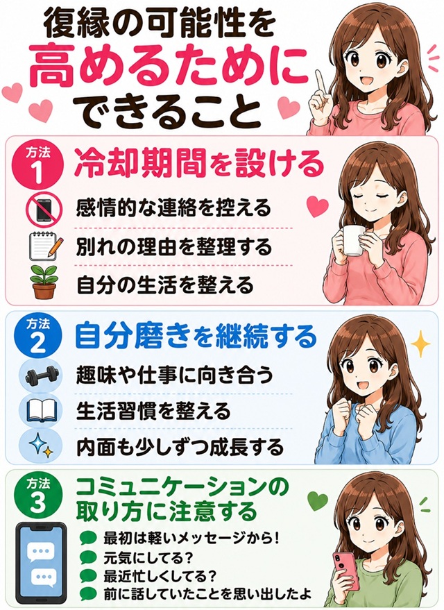 好きなまま別れた後に復縁の可能性を高める3つの方法をまとめた復縁向けイラスト。