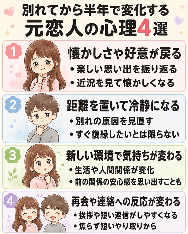 別れてから半年後の元恋人の心理変化をまとめた復縁向けイラスト。
