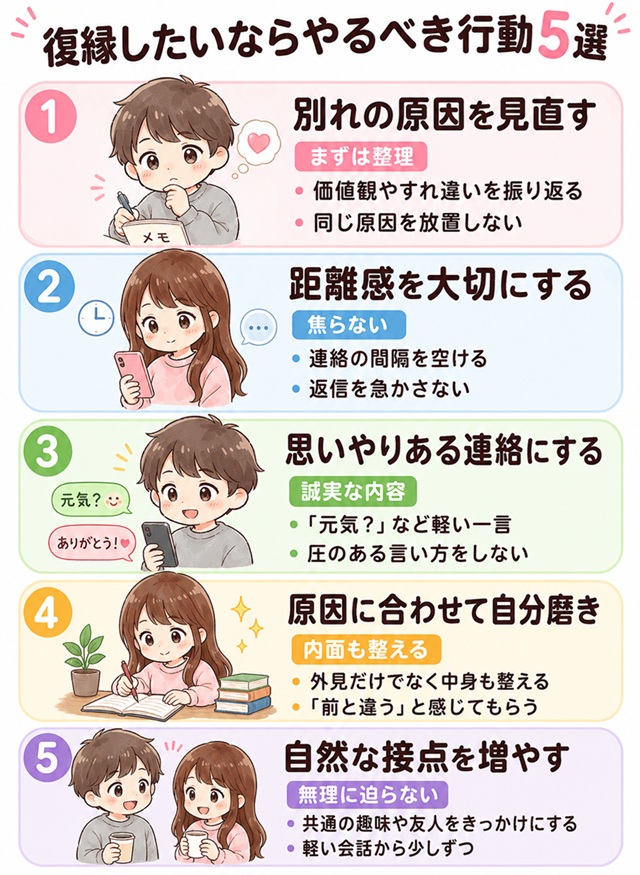 復縁したいときにやるべき行動5選をまとめた復縁向けイラスト。