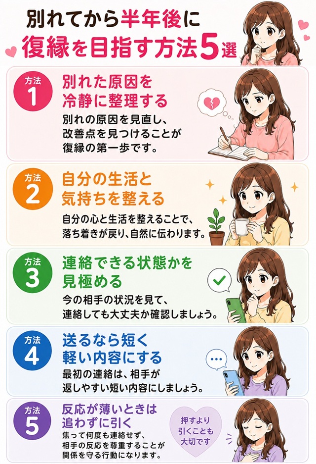 別れてから半年後に復縁を目指すための5つの方法をまとめた復縁向けイラスト。