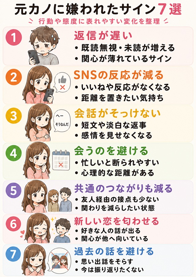 元カノに嫌われたサイン7選をチェックできる復縁向けイラスト。