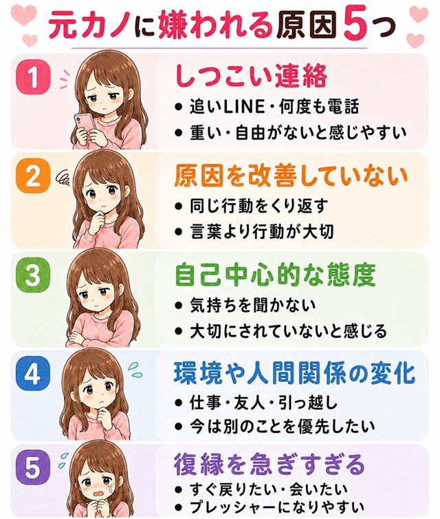 元カノに嫌われる原因5つを表でまとめた復縁向けイラスト。