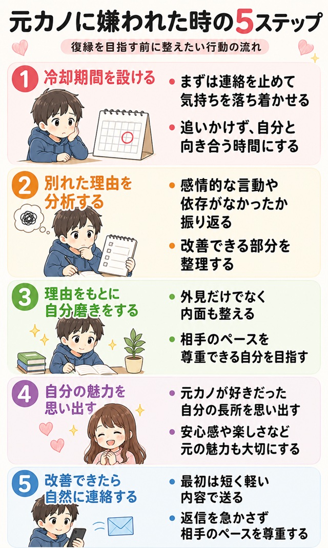 元カノに嫌われた後に復縁するための行動ステップをまとめた復縁向けイラスト。
